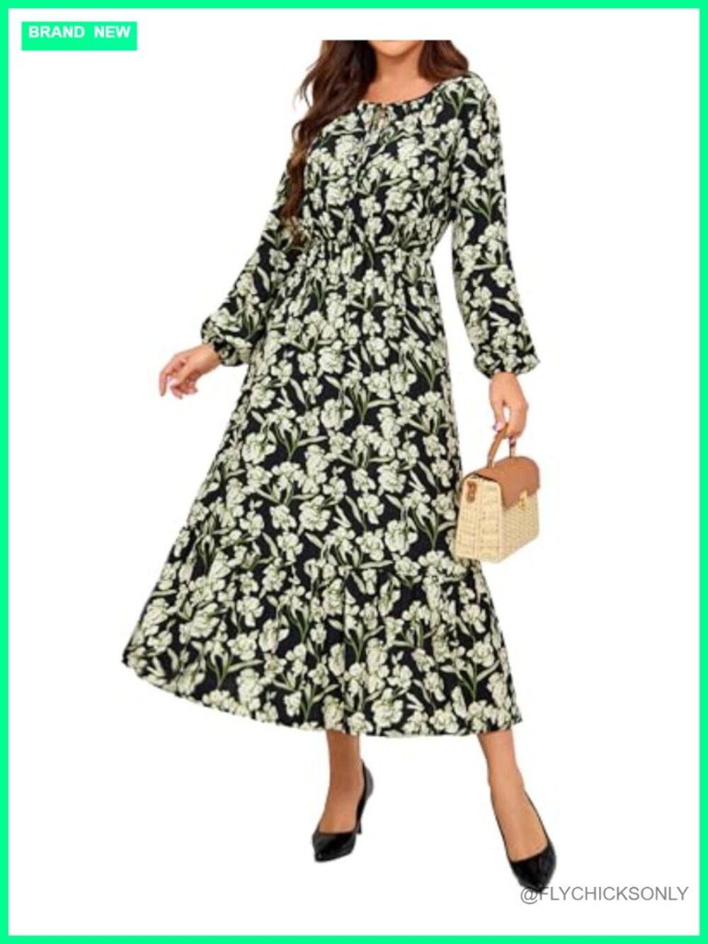 Puff Sleeve Midi Dress Flowy A-Line with Pockets Tie Neck